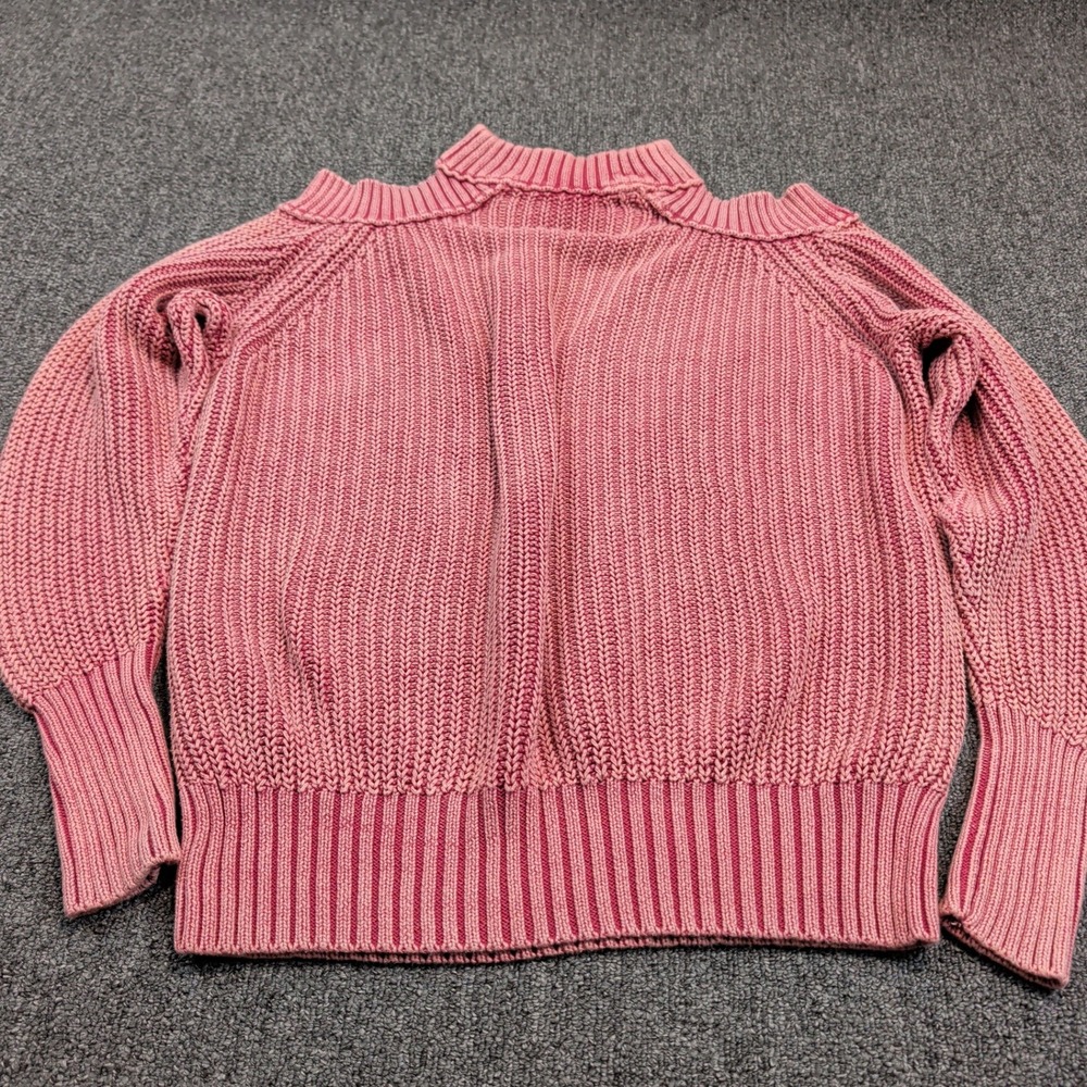 Free‎ People Boho Cold Shoulder V-Neck Sweater XS Pink Cotton Ribbed Chunky Knit - Picture 2 of 10